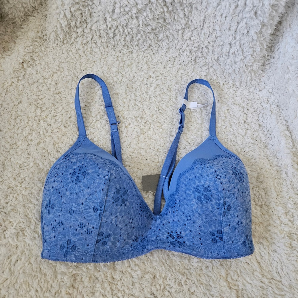 Aerie Real Happy Wireless Lightly‎ Lined Blue Lace Bra sz 32DD NWT